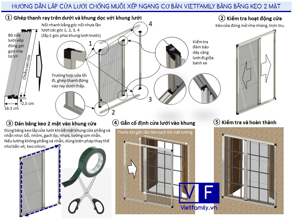 Hướng dẫn lắp cửa lưới chống muỗi xếp ngang loại cơ bản Vietfamily bằng băng keo 2 mặt